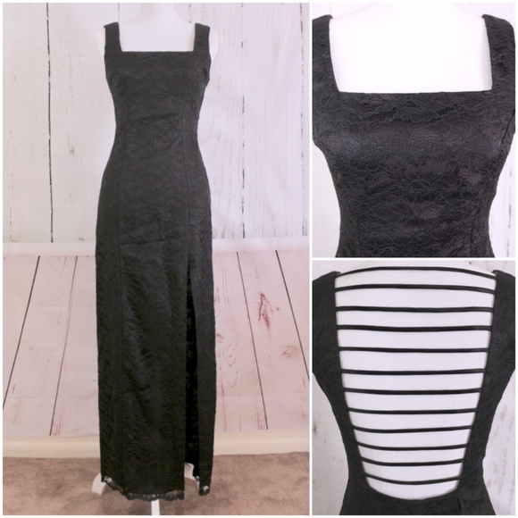 Vintage Dresses & Skirts - VTG 90s Black Lace Strappy Back Goth Maxi Dress 4